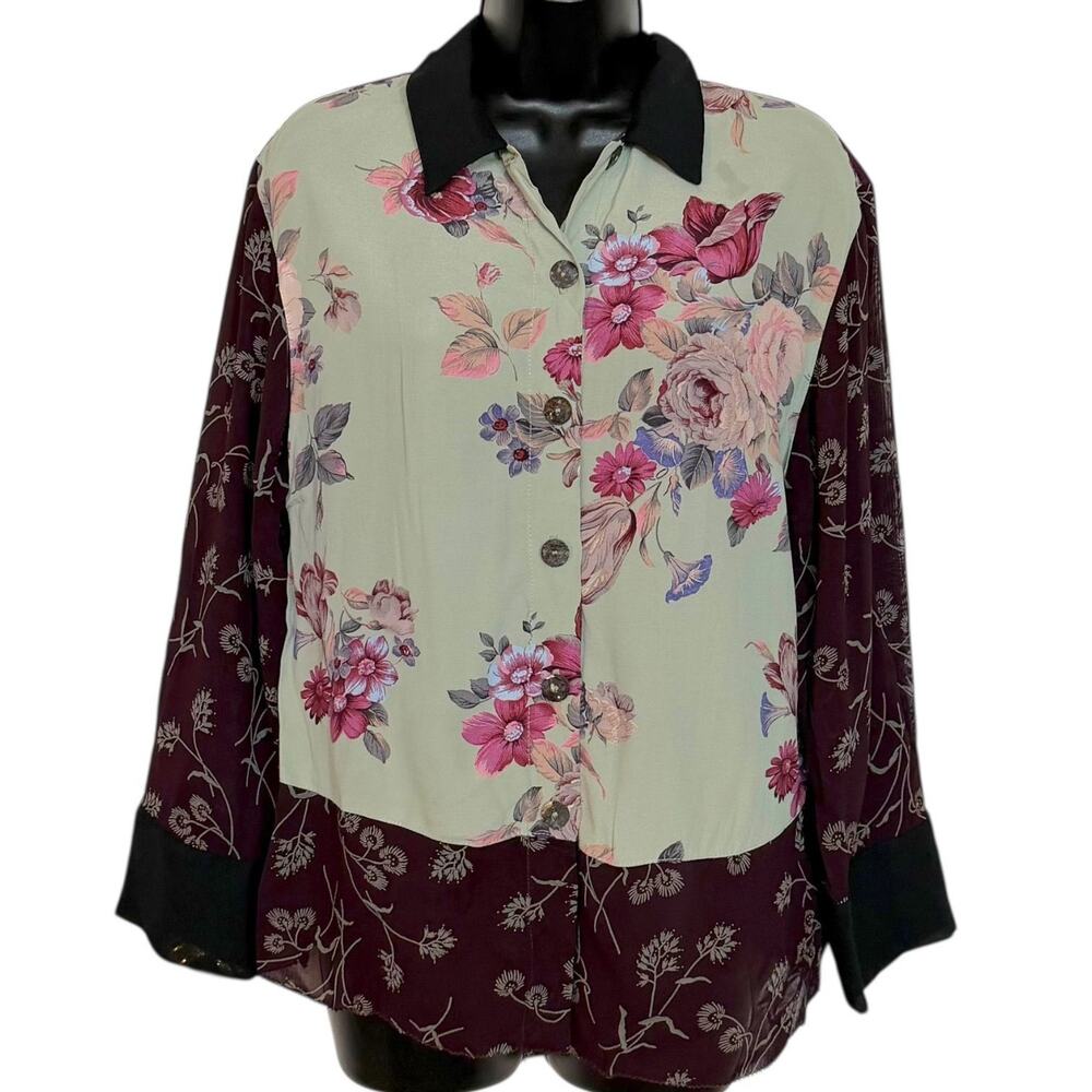 VTG 90s CAROLE LITTLE PATCHWORK FLORAL RAYON  VELVET BLOUSE BOHO WHIMSIGOTH SZ 2